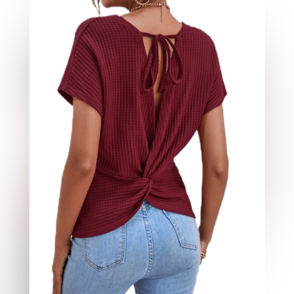 SHEIN Burgundy Short Sleeve Tie-Back Top